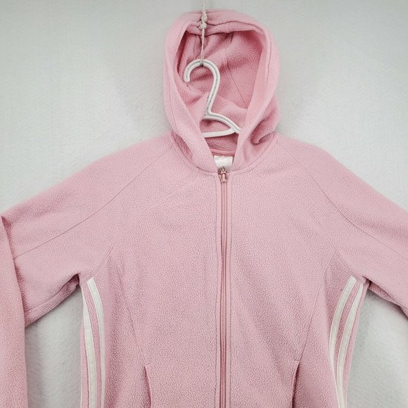 Adidas Shirt Women's L/S Full Zip Hooded Sweatshirt Three Stripe Fleece Pink Sm - Picture 6 of 12